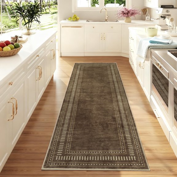 GlowSol 2x6 Washable Border Runner Rug, Soft Low Pile Non-Slip Area Rug for Hallway Entryway Kitchen Bedroom Living Room, Brown