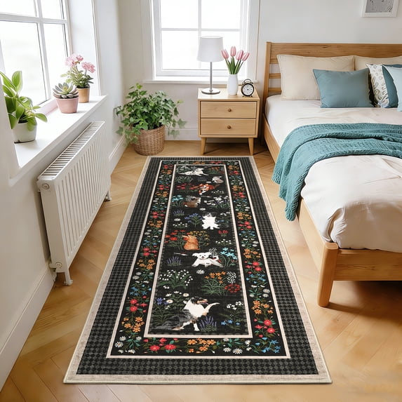 GlowSol 2x6 Washable Runner Rug - Machine Washable Non-Slip TPR Backing, Hand-Drawn Pet & Floral Carpet for Entryway Kitchen Bedroom, Black