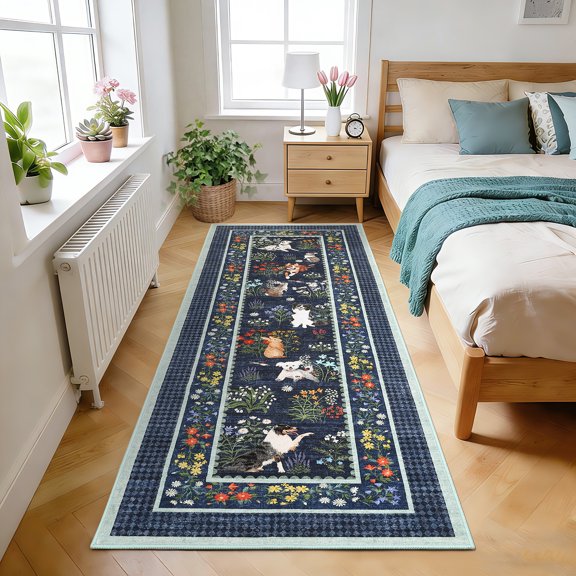 GlowSol 2x6 Washable Runner Rug - Machine Washable Non-Slip TPR Backing, Hand-Drawn Pet & Floral Carpet for Entryway Kitchen Bedroom, Blue