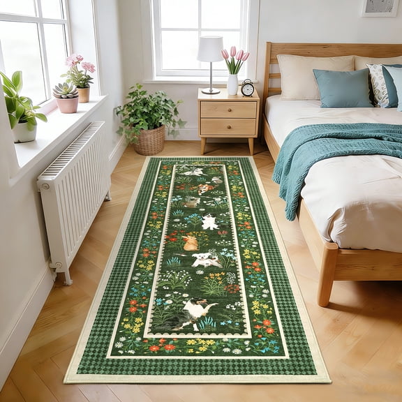 GlowSol 2x6 Washable Runner Rug - Machine Washable Non-Slip TPR Backing, Hand-Drawn Pet & Floral Carpet for Entryway Kitchen Bedroom, Green
