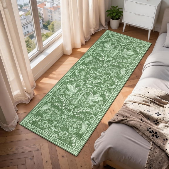 GlowSol 2x6 Washable Runner Rug, Non-Slip Gothic Hallway Carpet with Sword Print, Foldable Kitchen Entryway Mat, Green