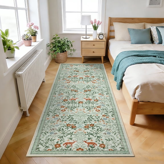 GlowSol 2x6 Washable Runner Rug, Non-Slip Vintage Garden Hallway Carpet with Fox Print, Low Pile Entryway Mat for Kitchen Living Room Bedroom, Green
