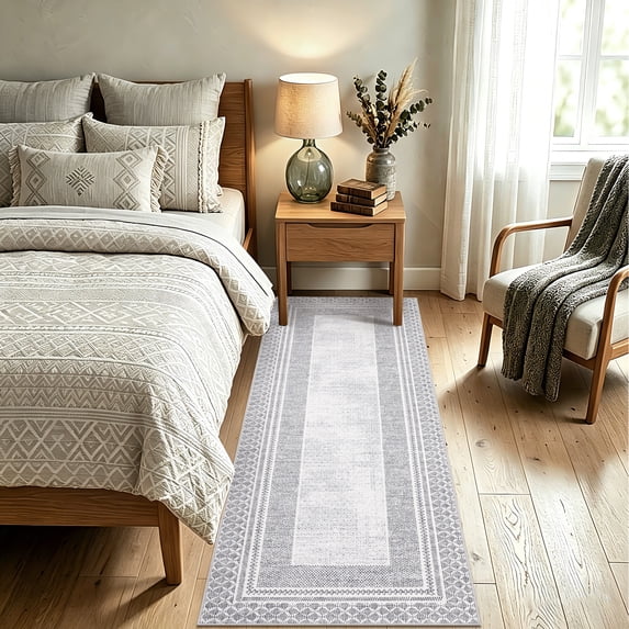 GlowSol 2x6 Washable Running Rug, Gray Geometric Non Slip Living Room Rug, Soft Low Pile Indoor Carpet for Bedroom Dining Room