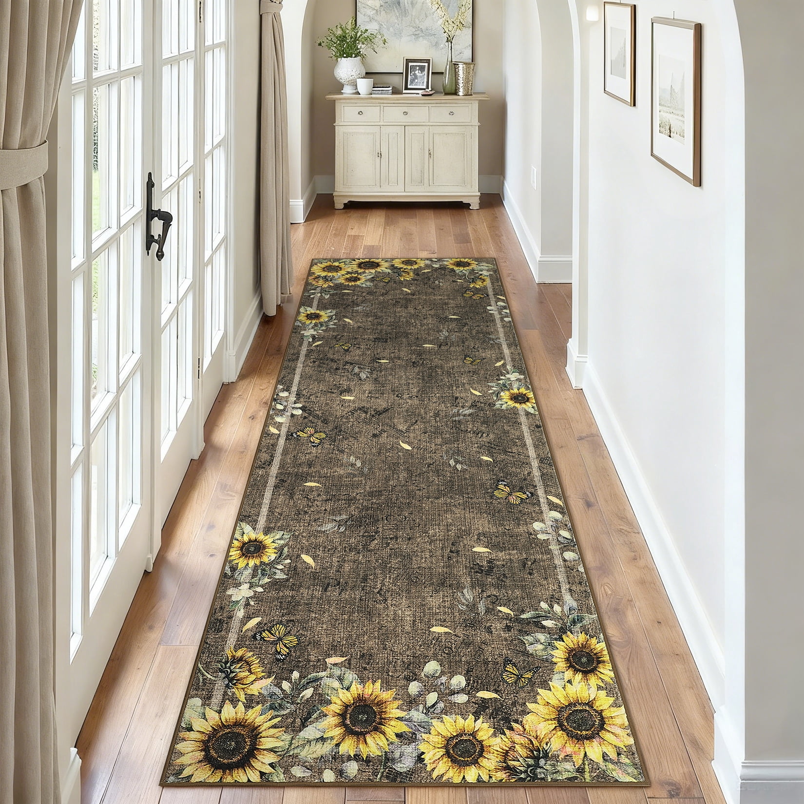 Floral Rug Designer GlowSol 2x6ft Brown Washable Runner Rug, Yellow Flower Design, Non‑Slip ...