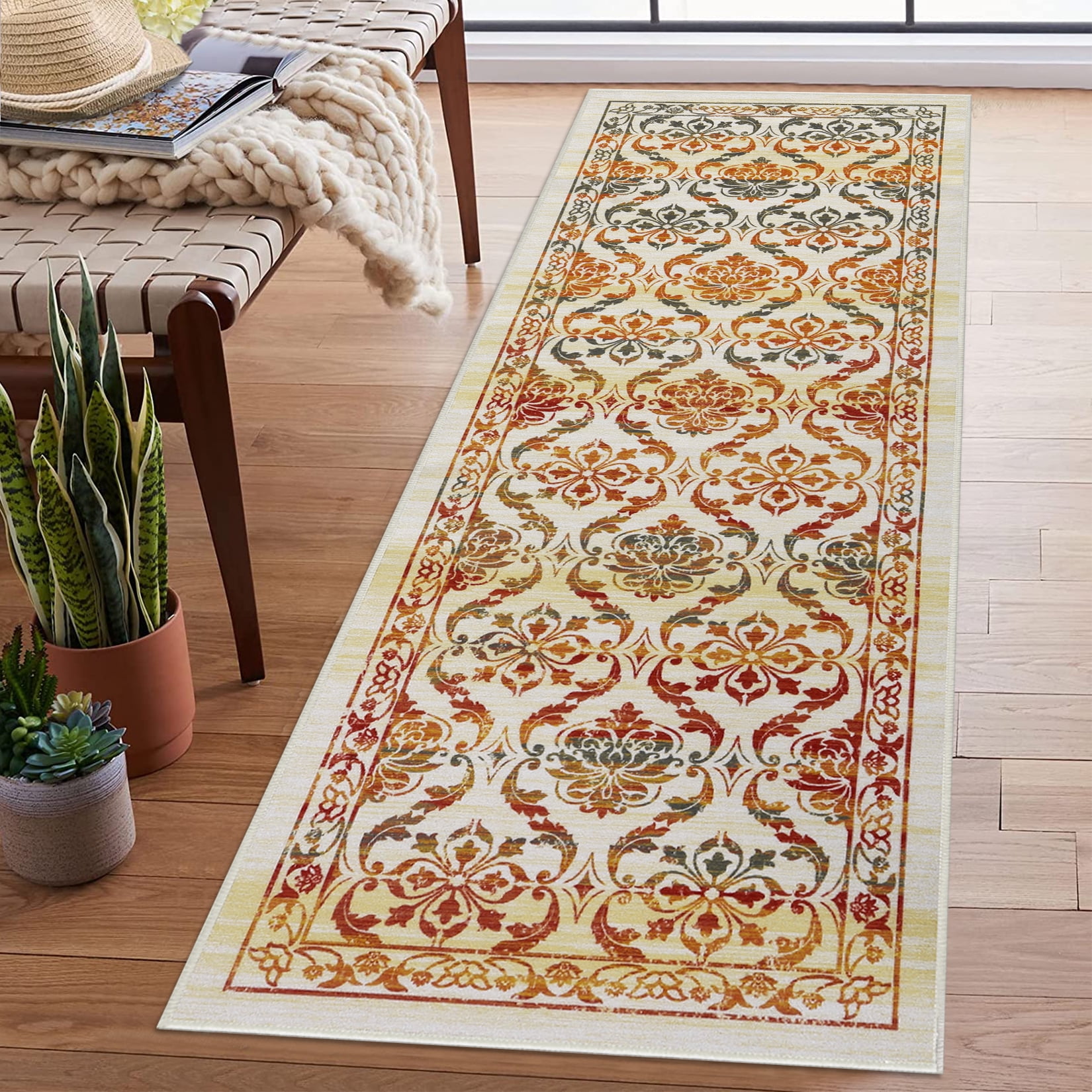 GlowSol 2x8 Long Runner Rug Vintage Farmhouse Floral Print Rug Machine