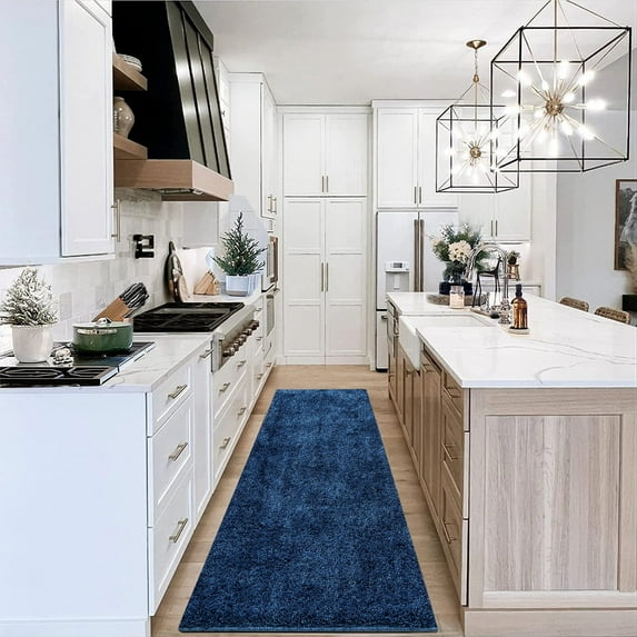 GlowSol 2x8 feet Modern Shaggy Rug Hallway Runner Rug Non-Shedding Fluffy Shag Kitchen Runner Rug for Living Room Bedroom Nursery, Navy Blue