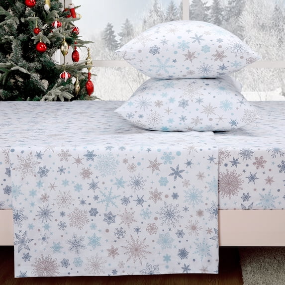 GlowSol 3 Pcs Christmas Flannel Sheet Set King Size Soft Heavyweight Brushed Flannel 16 Inches Deep Pocket Winter Warm Sheet Set, White/Blue Snowflake