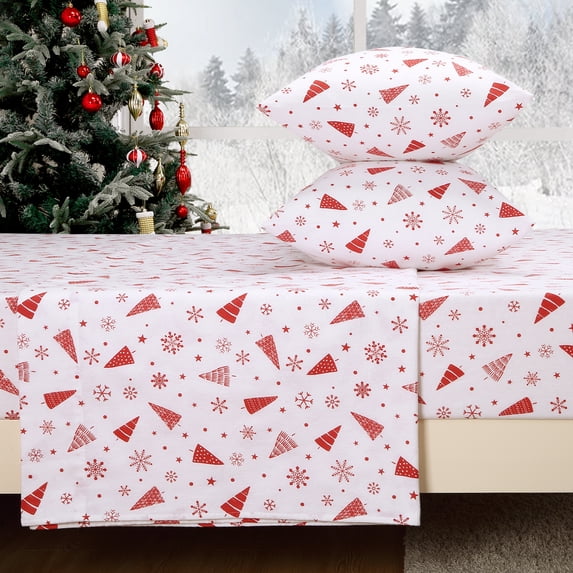 GlowSol 3 Pcs Christmas Flannel Sheet Set Queen Size 100% Cotton Printed Bed Sheet Set 16 Inches Deep Pocket Winter Warm Sheets, White/Red Trees