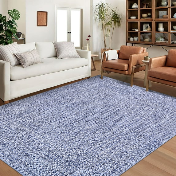 GlowSol 3' x 5' Area Rug Modern Braided Print Rugs for Living Room Bedroom Non-Slip Low Pile Accent Rug Washable Floor Cover, Light Blue