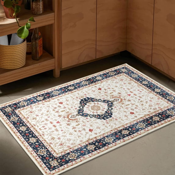 GlowSol 3' x 5' Area Rug Vintage Persian Floral Print Mat Oriental Medallion Low Pile Non Slip Floor Mat for Kitchen Entryway, Golden