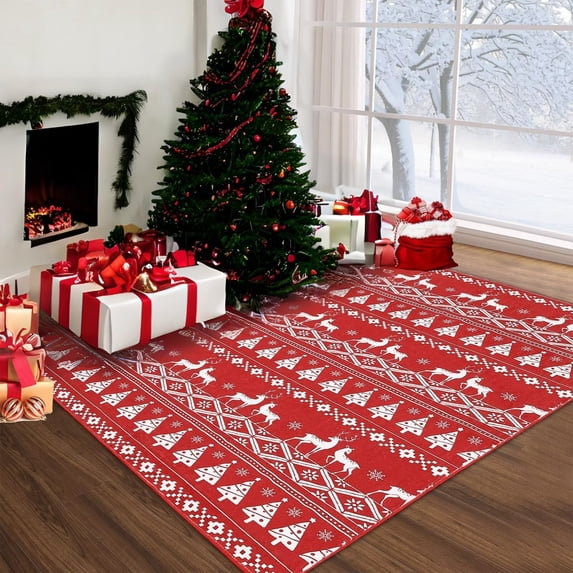 GlowSol 3' x 5' Christmas Tree and Deer Area Rug Holiday Decor Soft Foldable Accent Rug for Dorm Apartment, Red