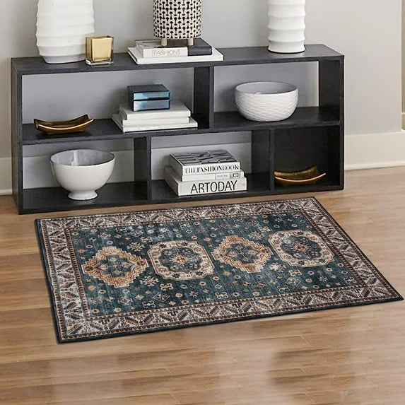 GlowSol 3' x 5' Washable Rug Indoor Floral Print Rug Vintage Distressed Area Rug Foldable Retro Floor Mat Oriental Throw Carpet, Blue