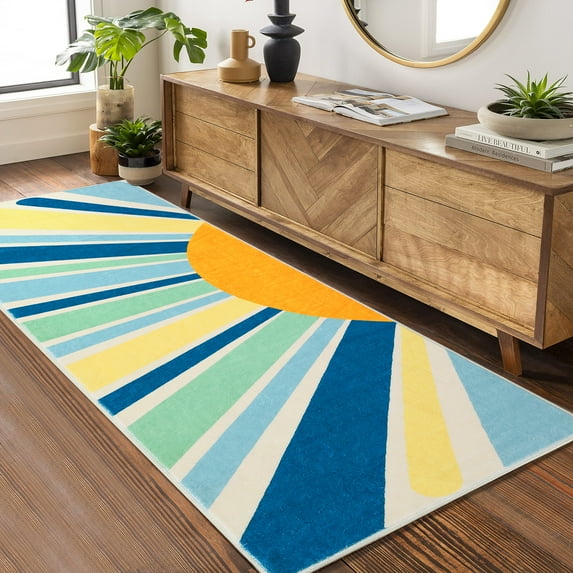GlowSol 3' x 8' Hallway Runner Rug Colorful Washable Rug Sun Print Modern Boho Runner Rug for Kids Room Laundry Room, Blue