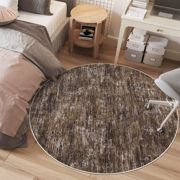 GlowSol 3'x3' Round Area Rug Small Washable Circle Rug Modern Abstract Solid Rug Low Pile Non-Slip Rug Home Decor, Brown