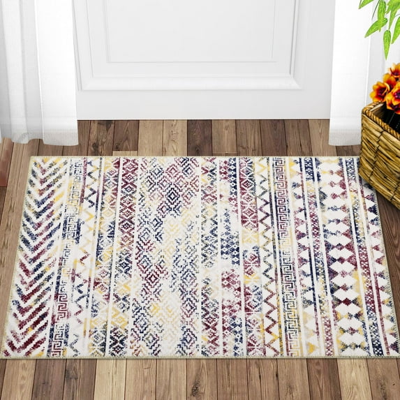 GlowSol 3'x5' Area Rug Chenille Bohemian Rug Distressed Moroccan Low Profile Mat Indoor Geometric Carpet for Home Office Easy Cleaning, Multi Color
