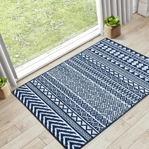 GlowSol 3'x5' Area Rug Chenille Bohemian Rug Distressed Moroccan Low Profile Mat Indoor Geometric Carpet for Home Office Easy Cleaning, Navy Blue