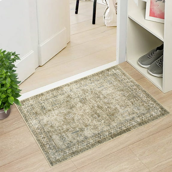GlowSol 3'x5' Area Rug Washable Oriental Vintage Floor Mat Persian Floral Print Distressed Rug Soft Foldable Rug for Bedroom Dorm, Antique