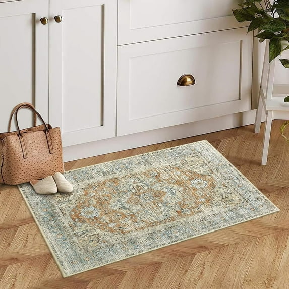 GlowSol 3'x5' Tribal Area Rug Washable Oriental Vintage Floor Mat Persian Floral Print Distressed Rug Soft Foldable Rug for Bedroom Dorm, Orange