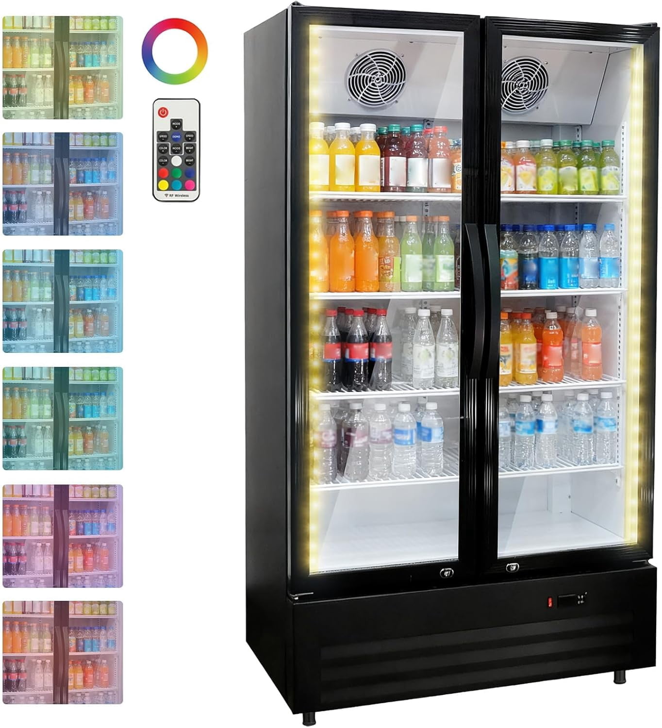 GlowSol 32.5 Cu. Ft. Commercial Beverage Fridge – Double Glass Door Display Refrigerator featuring 8 Adjustable Shelves and a Frost-Free System.