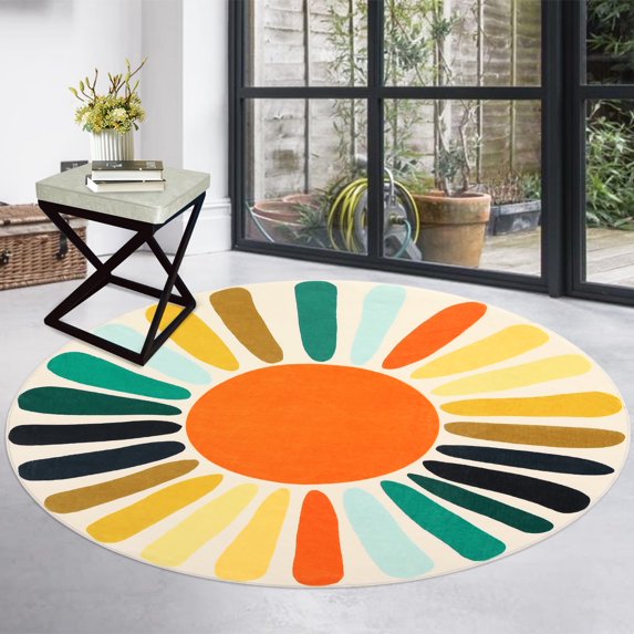 GlowSol 3x3 Round Rug Colorful Rug Washable Circle Area Rug Sun Print Kids Rug Modern Non-Slip Non-Shedding Floor Cover for Home Decor, Yellow/Green