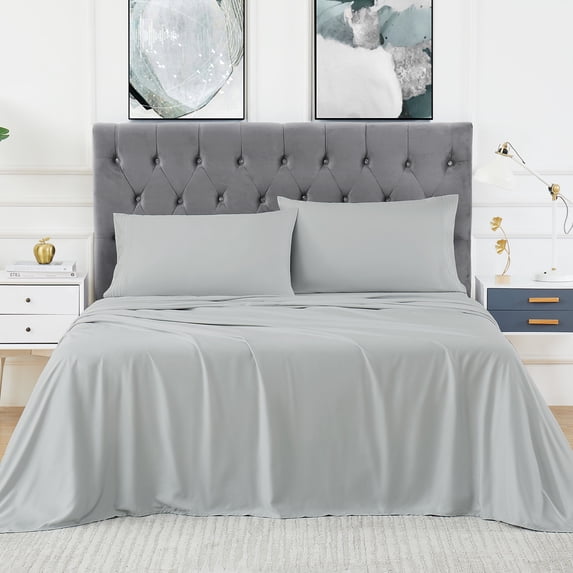 GlowSol 4 Pcs King Size 100% Bamboo Sheet Set 16" Deep Pocket Cool Sheets for Hot Sleepers Super Soft and Breathable, Light Gray