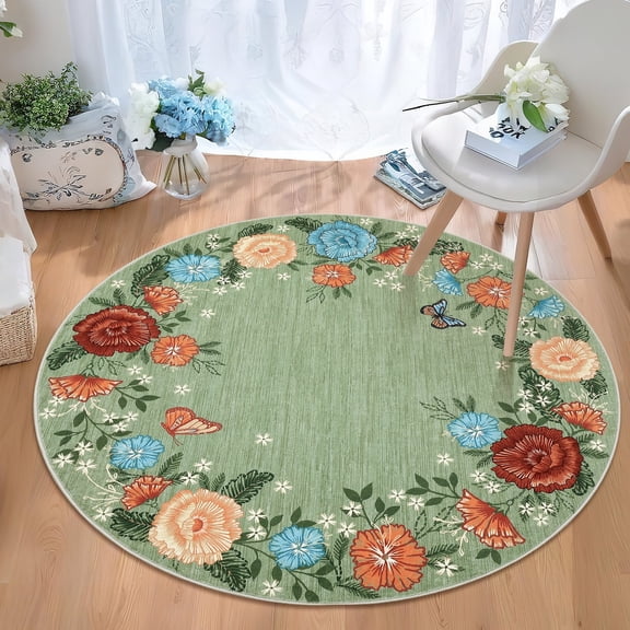 GlowSol 4' Round Floral Area Rug Modern Circle Area Rug Indoor Soft Bedroom Rugs for Bedroom Living Room, Green