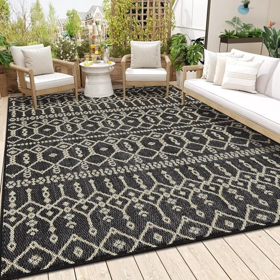 GlowSol 4' x 5'3" Outdoor Area Rug Low Pile Stain-Resistant Geometric Moroccan Rugs Boho Farmhouse Carpet for Bedroom Patio Backyard, Black