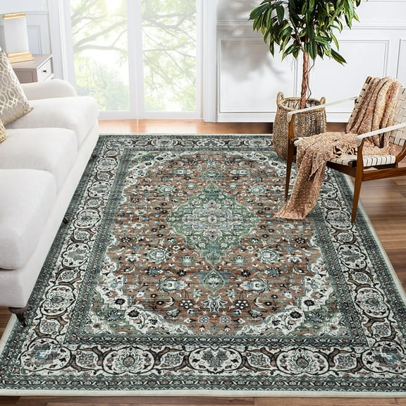 GlowSol 4' x 6' Area Rug Vintage Persian Rug Medallion Rug Floral Print Area Rug Low Pile Non-Shedding Indoor Floor Cover for Home Decor, Green