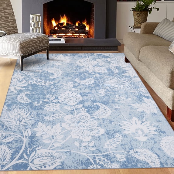 GlowSol 4' x 6' Blue Area Rug Machine Washable Colorful Flower Throw Carpet Vintage Farmhouse Floral Rug for Living Room Bedroom Dining Room