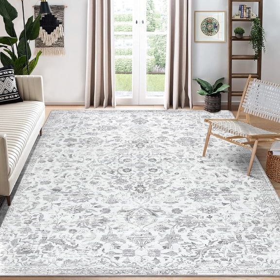 GlowSol 4' x 6' Gray Area Rug Traditional Distressed Rug Washable Non-Slip Stain Resistant Floral Accent Rug Foldable Thin Rug for Bedroom Living Room