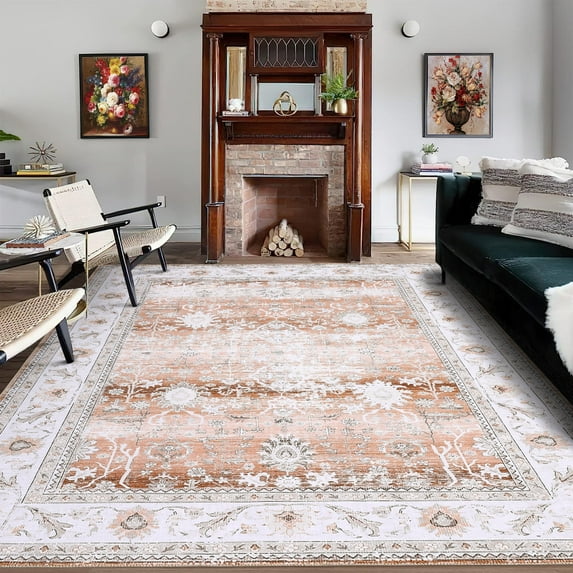 GlowSol 4' x 6' Machine Washable Rug for Living Room Bedroom Persian Vintage Print Distressed Area Rug Low Pile Non-Slip Thin Chenille Rug, Orange