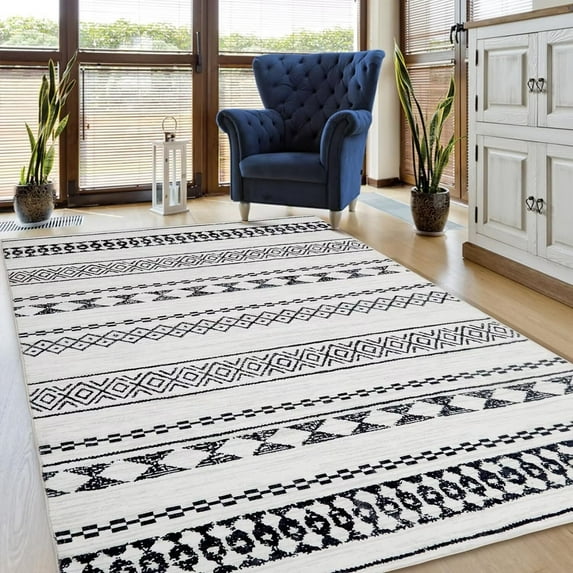 GlowSol 4' x 6' Moroccan Area Rug Geometric Distressed Rug Washable Rug for Living Room Bedroom Non-Shedding Anti-Slip Carpet, Black White
