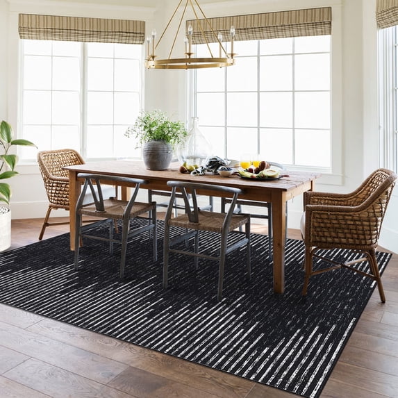 GlowSol 4' x 6' Washable Rug Geometric Striped Area Rug Soft Non Slip Low Pile Stain Resistant Carpet for Living Room Bedroom, Black