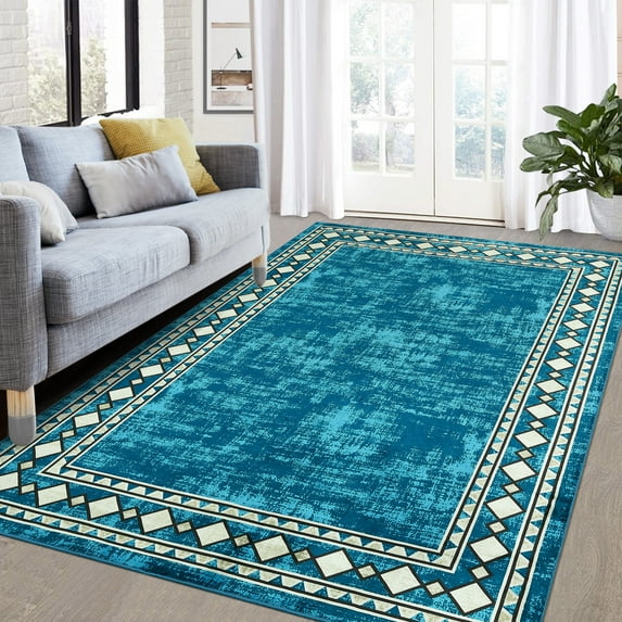 GlowSol 4' x 6' Washable Rug Modern Border Rug Geometric Border Rug Non-Slip Low Pile Rug Indoor Floor Carpet for Dorm Playroom, Blue Green