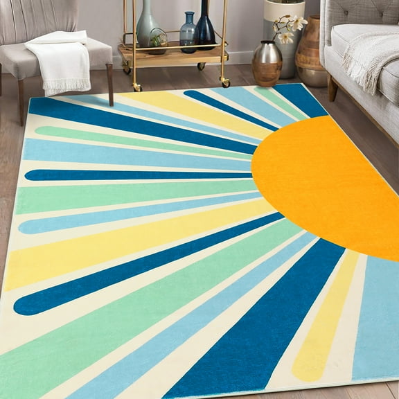 GlowSol 4' x 6' Washable Rug Sun Print Area Rug Contemporary Child Area Rug Soft Foldable Floor Carpet for Playroom Dorm, Blue