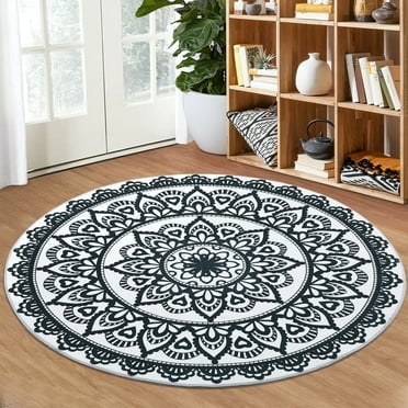 GlowSol 4'x4' Circle Rug Vintage Boho Floral Washable Rugs Round Area Rug Soft Faux Wool Carpet Stain Resistant Non-Shedding Area Rug, Black