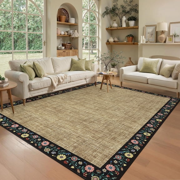 GlowSol 4'x6' Area Rugs Modern Floral Bordered Rug Non-Slip Low Pile Accent Carpet Soft Foldable Rug for Dining Room Home Office, Flax/Black