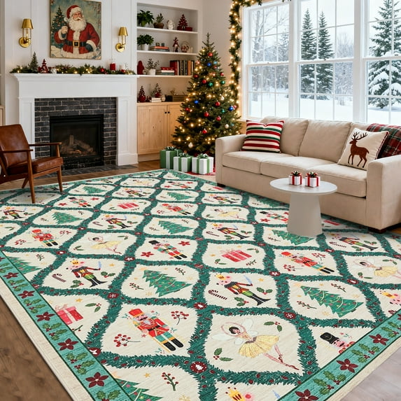 GlowSol 4'x6' Area Rugs Soft Washable Nutcrackers Merry Christmas Festive Decor Rug Non-Slip Low Pile Rugs for Dining Room Home Office, Beige Green