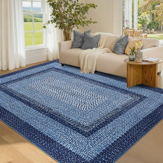 GlowSol 4'x6' Braided Print Area Rug Washable Modern Rugs for Dining Room Home Office Non Slip Low Pile Rug Home Decor, Navy Blue