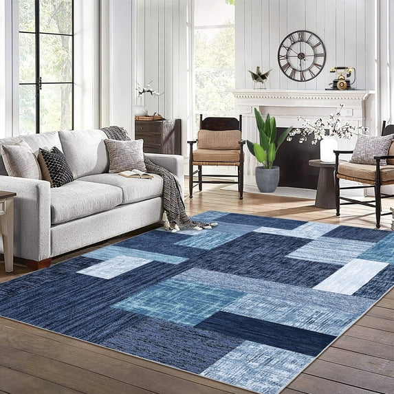 GlowSol 4'x6' Modern Geometric Area Rug Machine Washable Rug Non-Slip Non-Shedding Low Pile Rug Carpet for Home Decor, Blue