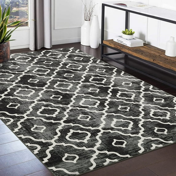 GlowSol 4'x6' Moroccan Geometric Washable Area Rug Contemporary Rug Soft Faux Wool Carpet for Dorm, Gray
