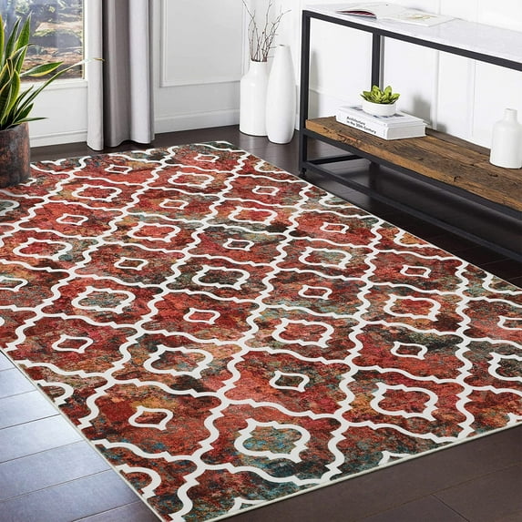 GlowSol 4'x6' Moroccan Geometric Washable Area Rug Contemporary Rug Soft Faux Wool Carpet for Dorm, Red