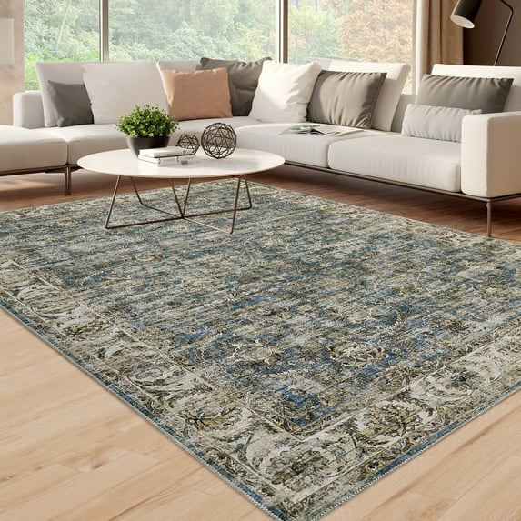 GlowSol 4'x6' Vintage Floral Area Rugs Washable Distressed Printed Throw Rugs Stain Resistant Non-Slip Foldable Accent Rug, Blue
