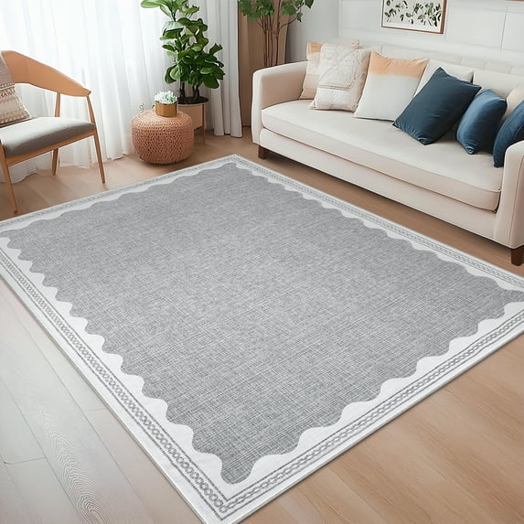 GlowSol 4'x6' Washable Area Rug Scalloped Pattern Rug Soft Solid Modern Non-Slip Low-Pile Rug for Dining Room Home Office, Gray
