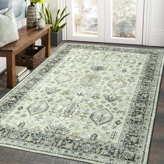 GlowSol 4x6 Tribal Distressed Area Rug Soft Traditional Print Area Rug Retro Oriental Indoor Rug Low Pile Non-Shedding Accent Thin Rug, Gray Green