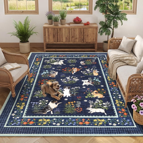 GlowSol 4x6 Washable Area Rug - Machine Washable Non-Slip TPR Backing, Hand-Drawn Pet & Floral Carpet for Living Room Bedroom Entryway, Blue