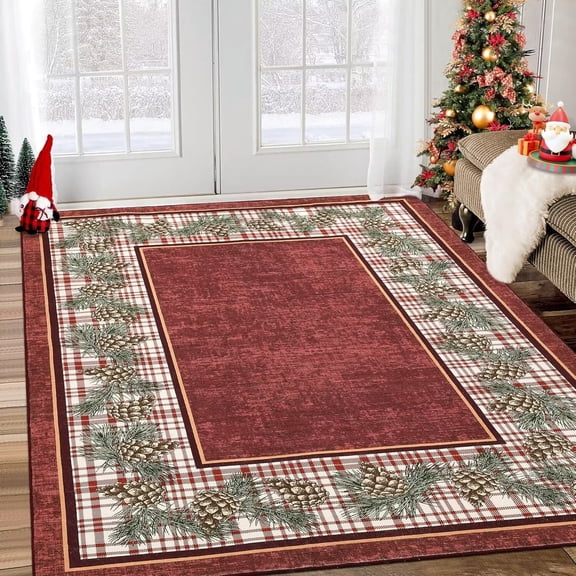 GlowSol 5' x 7' Area Rug Christmas Pine Cones Accent Rug Festival Decoration Plaid Rug Soft Washable Rug for Dorm, Red