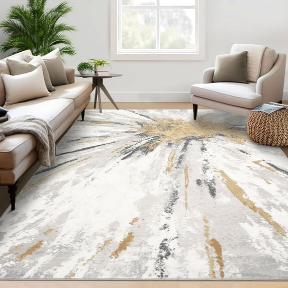 GlowSol 5' x 7' Area Rug Contemporary Abstract Rug Stain-Resistant Anti-Slip Floor Carpet for Dorm Apartment, Yellow Gray