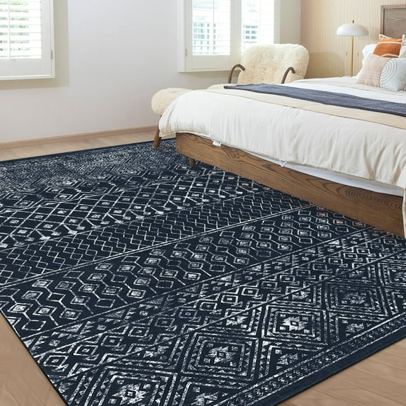 GlowSol 5' x 7' Area Rug Machine Washable Geometric Boho Rugs Non-Slip Low Pile Modern Indoor Rugs for Living Room Bedroom, Black