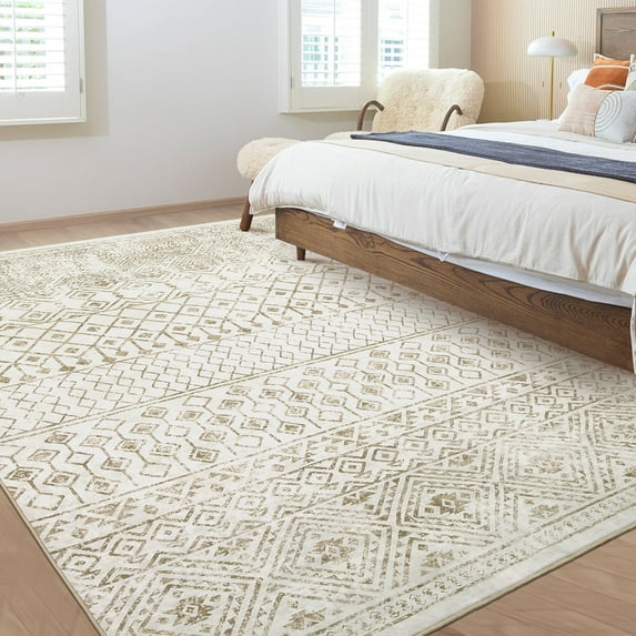GlowSol 5' x 7' Area Rug Machine Washable Geometric Boho Rugs Non-Slip Low Pile Modern Indoor Rugs for Living Room Bedroom, Taupe